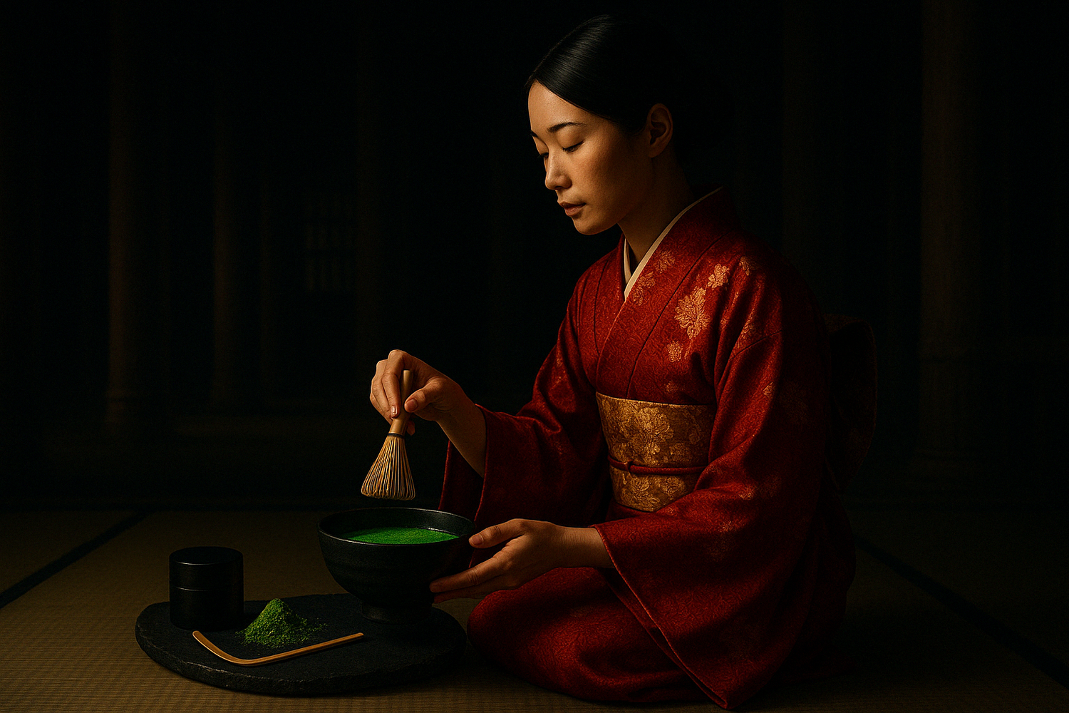 Femme japonaise faisant une cérémonie du thé matcha traditionnel en tenue traditionnelle kimono