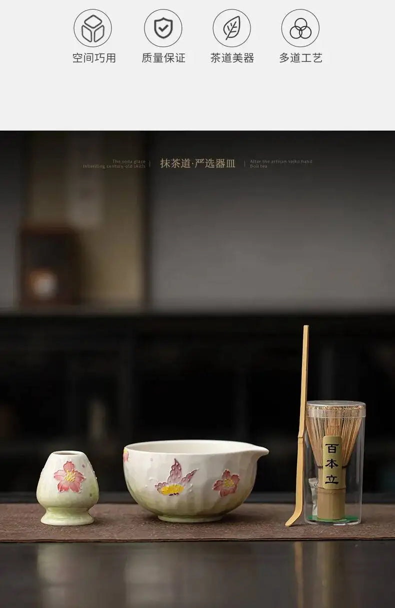 Kit Matcha Floral Japonais – Bol Matcha Fleuri et Fouet Matcha pour THÉ MATCHA