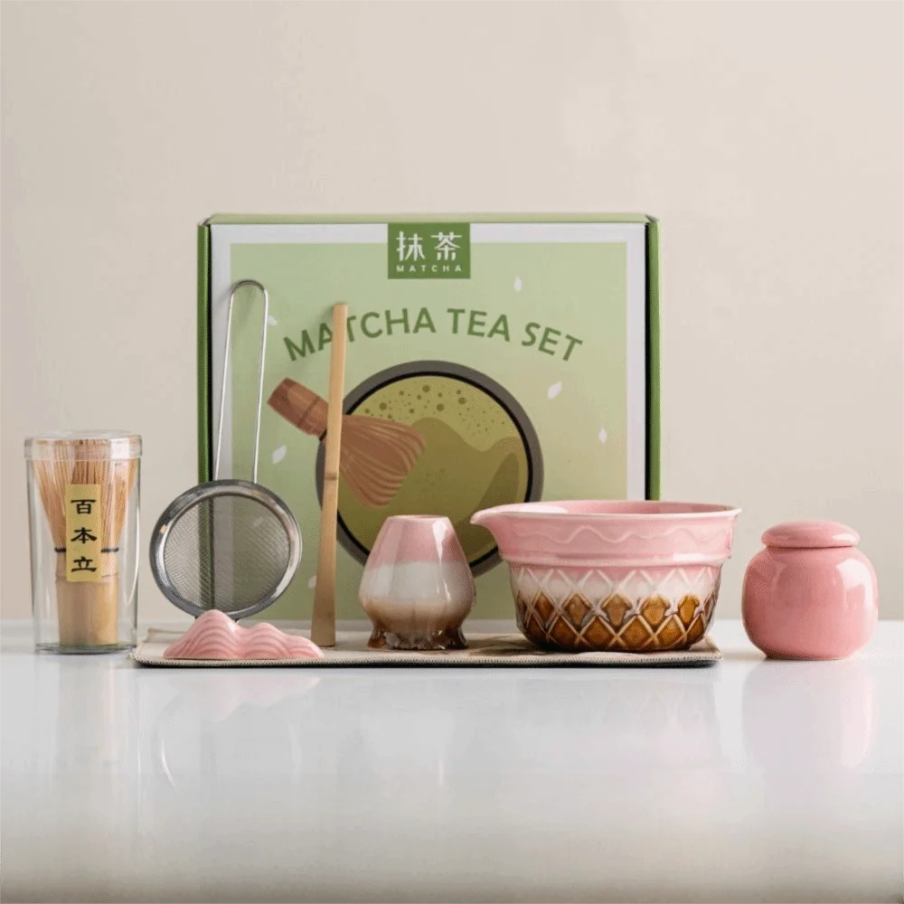 Kit Matcha Dégradé Rose – Bol Matcha avec Bec Verseur et Fouet Matcha pour THÉ MATCHA
