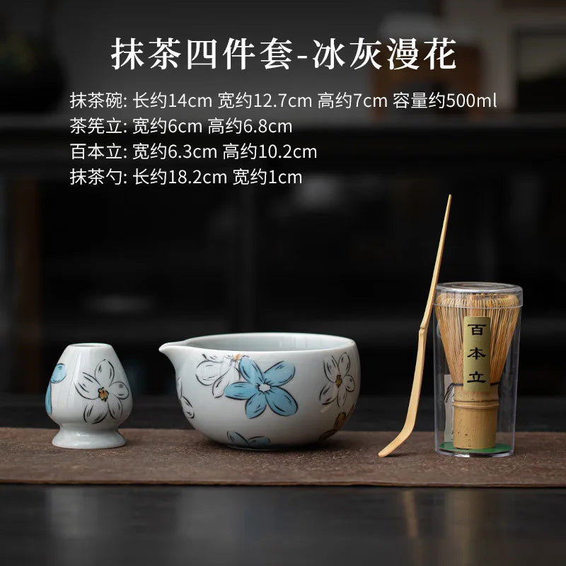 Coffret Matcha Floral Bleu – Rituel Japonais avec Fouet Bambou