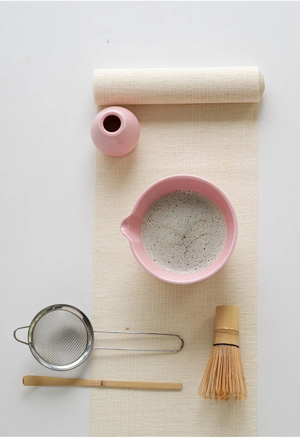 Kit Matcha Dégradé Rose – Bol Matcha avec Bec Verseur et Fouet Matcha pour THÉ MATCHA