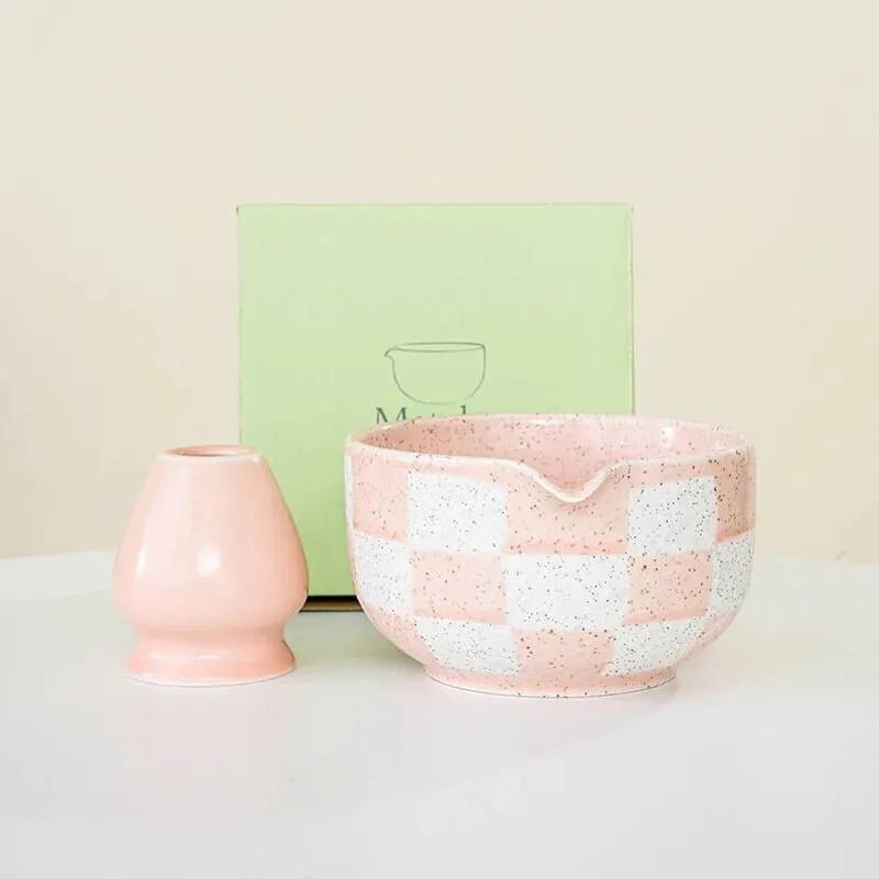 Bol Matcha Rose Damier – Bol Céramique et Support Fouet - Oshi Matcha