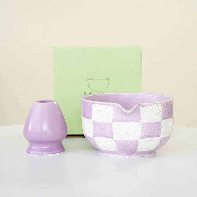 Bol Matcha Rose Damier – Bol Céramique et Support Fouet - Oshi Matcha