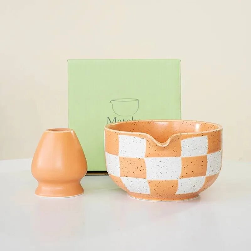 Bol Matcha Rose Damier – Bol Céramique et Support Fouet - Oshi Matcha