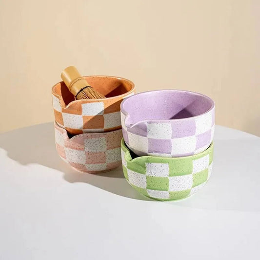 Bol Matcha Rose Damier – Bol Céramique et Support Fouet - Oshi Matcha