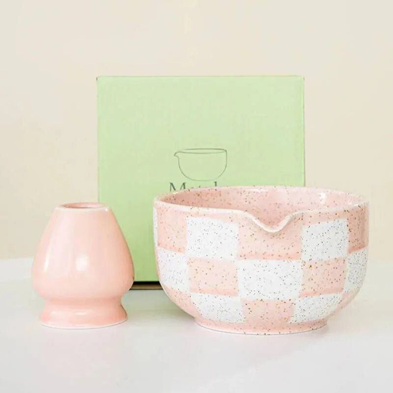 Bol Matcha Rose Damier – Bol Céramique et Support Fouet - Oshi Matcha