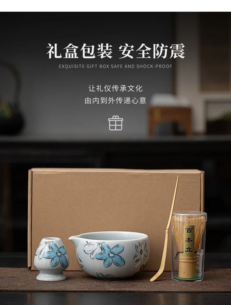 Coffret Matcha Floral Bleu – Rituel Japonais avec Fouet Bambou - Oshi Matcha