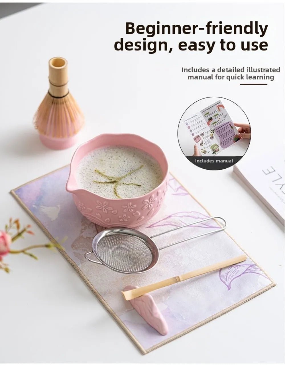 Kit Matcha – The Matcha – Sakura Rose avec Bol Verseur et Fouet Bambou - Oshi Matcha